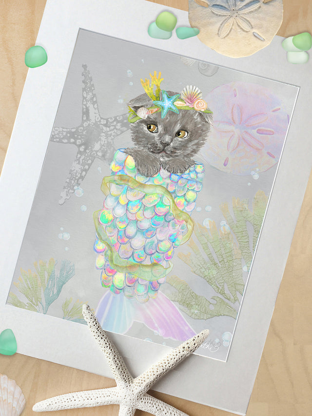 cat nursery art, Purrito Cat Mermaid, Grey Cat, Girls bathroom decor, little girl art, nursery wall art, ocean nursery decor, cat nursery art