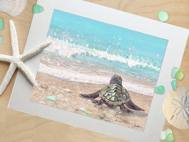 beach bathroom decor, baby sea turtle art, beach art prints, coastal decor, beach wall art