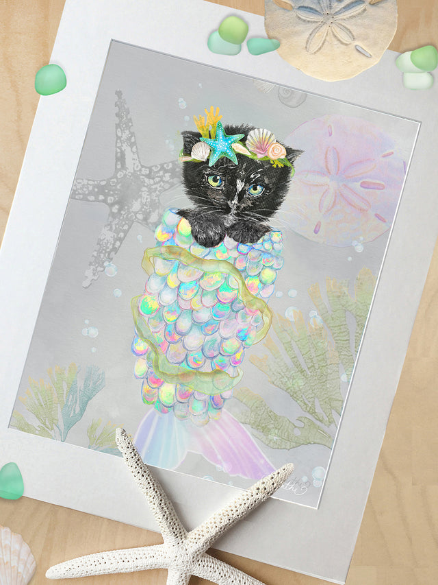 cat mermaid art, cat art, girls bathroom, beach art, kids ocean art, nursery art, beach nursery art