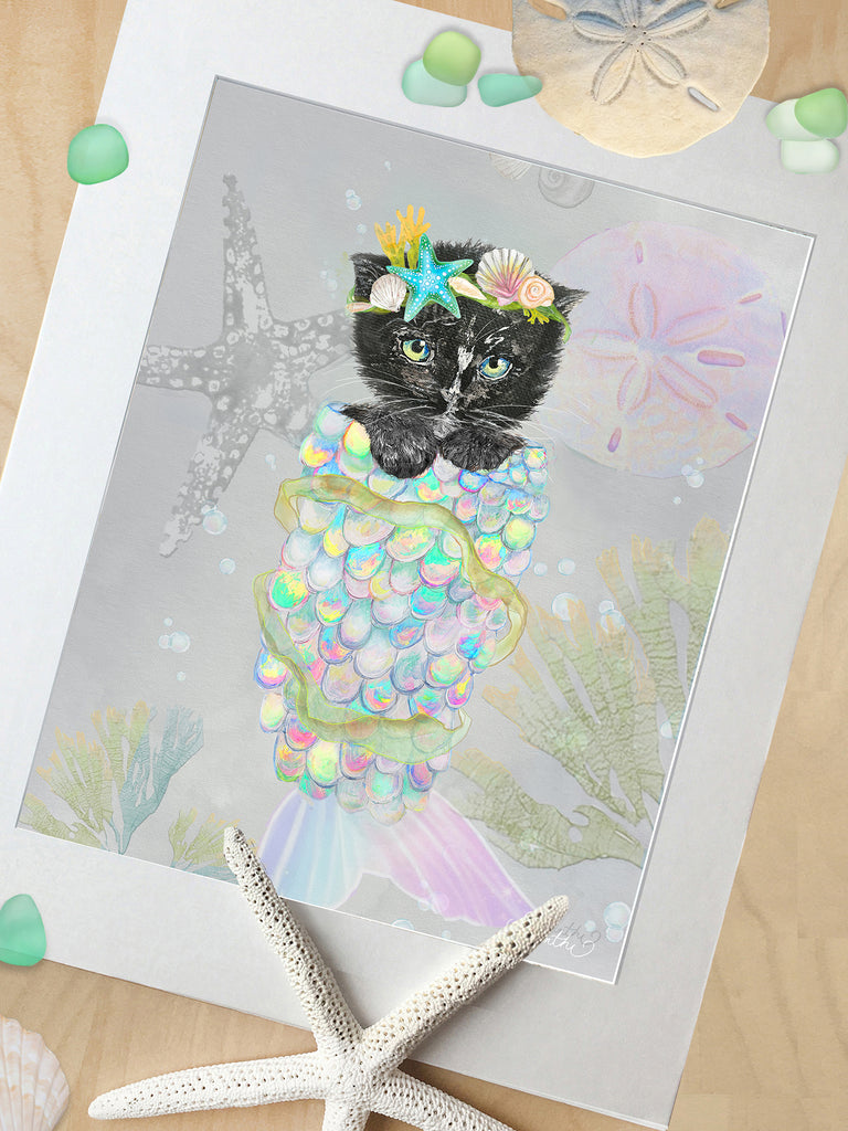 cat mermaid art, cat art, girls bathroom, beach art, kids ocean art, nursery art, beach nursery art