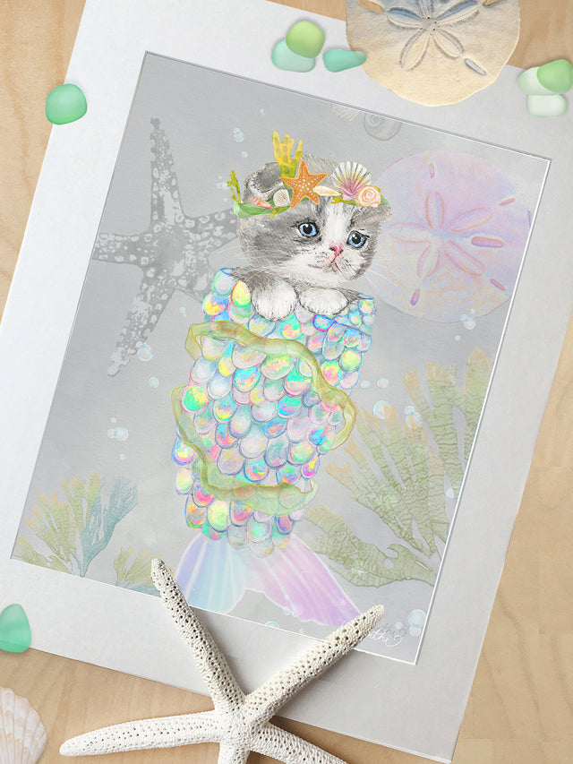 cat mermaid art print, cat art, girls bathroom, beach bathroom, kids. beach art, kids ocean art, nursery art, beach nursery art