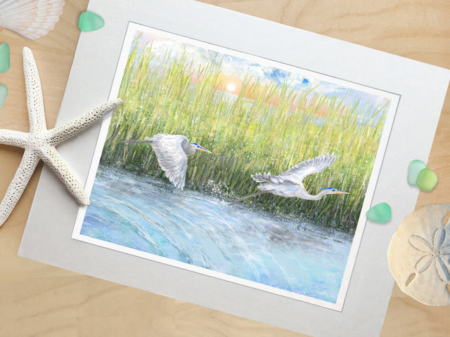 heron prints, heron art prints, marsh wall art, marsh paintings, coastal art