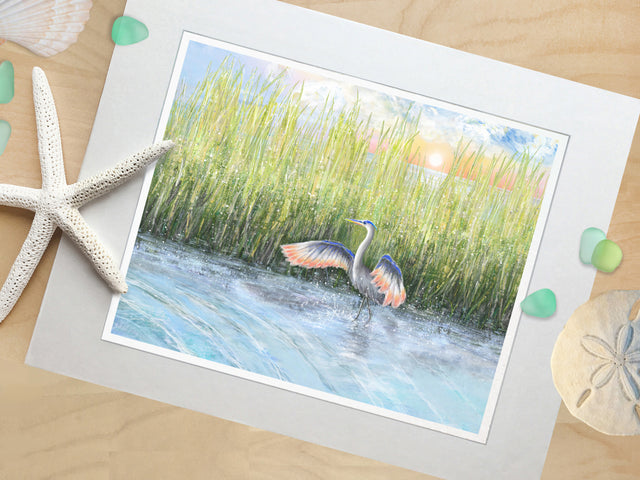 marsh heron painting, sunrise ocean art, heron prints, heron art,