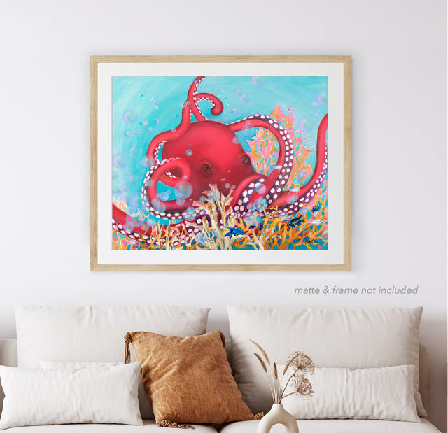 kids bathroom, octopus bathroom decor, beach bathroom kids, kids beach decor, octopus decor, octopus art, red bathroom prints