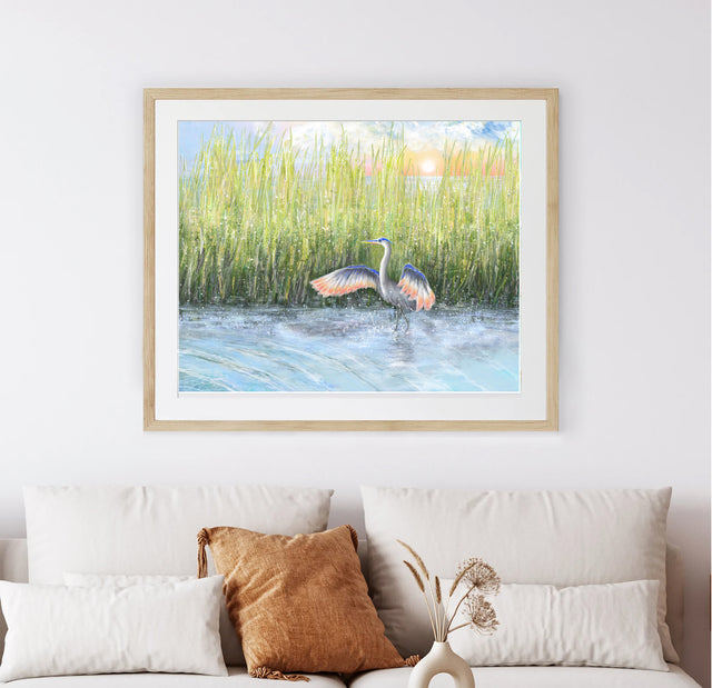 sunrise art, heron art, beach living room art, beach prints, coastal decor, heron print, marsh art