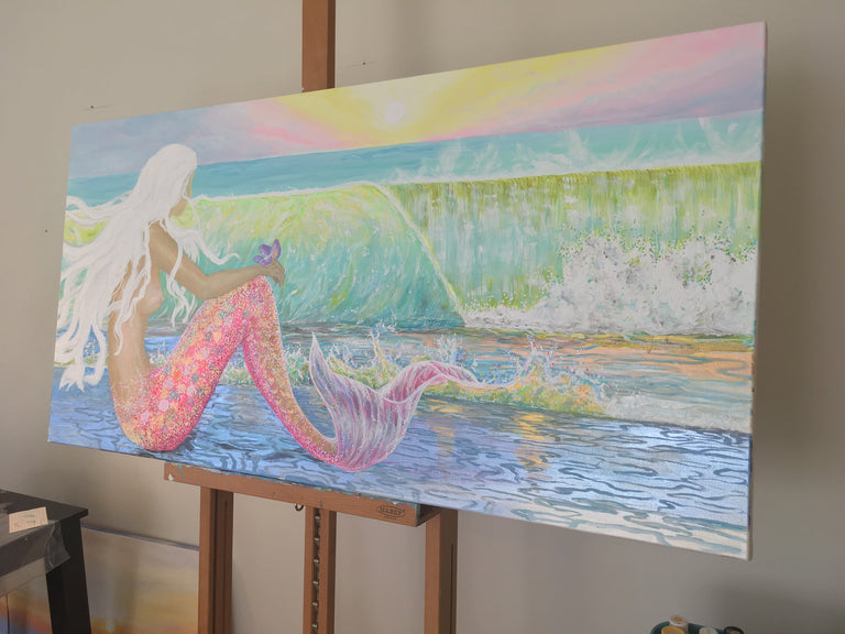 mermaid art print, beach decor mermaids, mermaid room decor, sunrise decor, sunset decor, sunrise art canvas prints, sunrise painting, pink beach decor