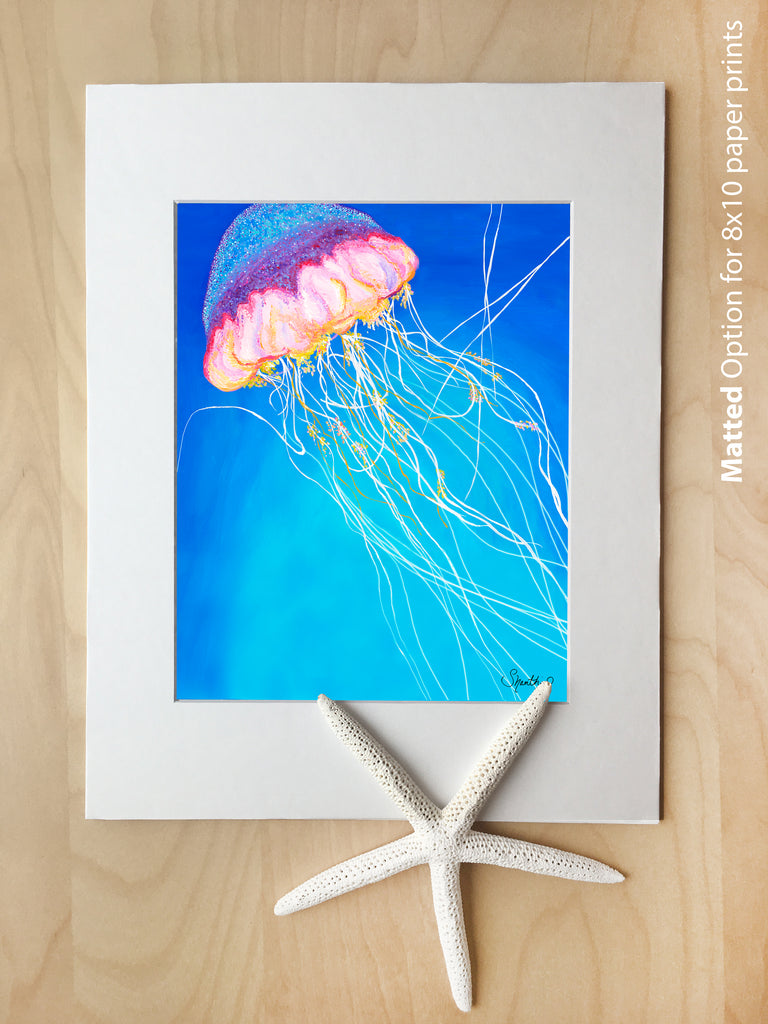 jellyfish art, 8x10 paper prints, matted art for 11x14 frame, beach art, sea creature wall art