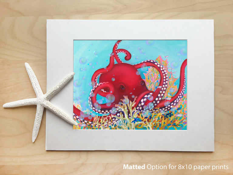 8x10 paper prints, beach art, kids room, octopus art, 11x14 frame, red octopus, sea creature wall art