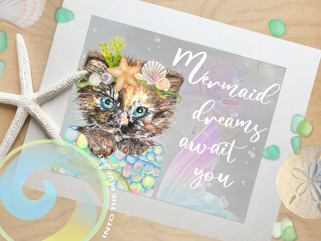 cat mermaid art, cat art, girls bathroom, beach bathroom, kids. beach art, kids ocean art, nursery art, beach nursery art