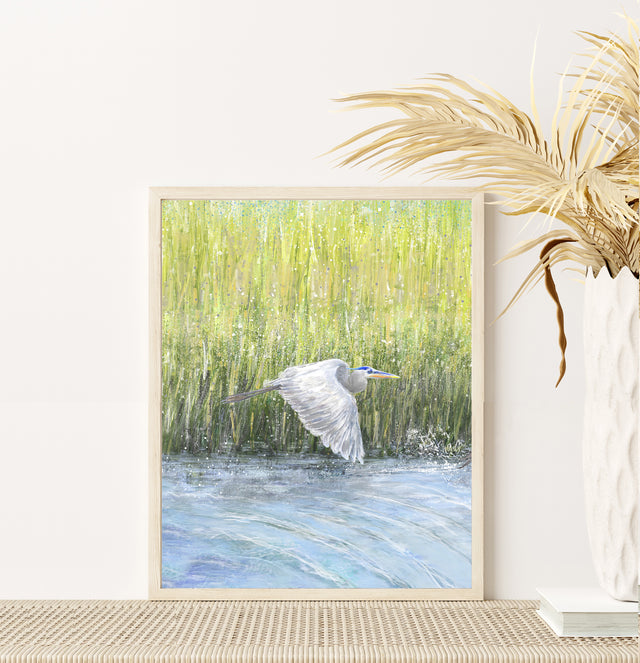 Single Flying Heron in Marsh, Cropped