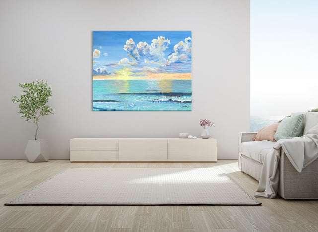 morning sunrise colors, beautiful sunrise, beach decor, calm ocean, calm waves