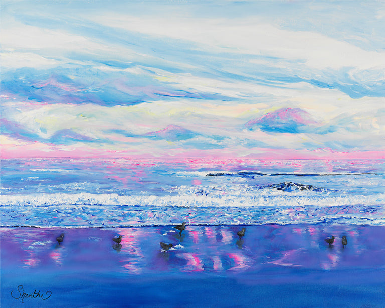pink ocean, pink waves, calm waves, seascape, calm waters, impressionism, the coast, pink sky