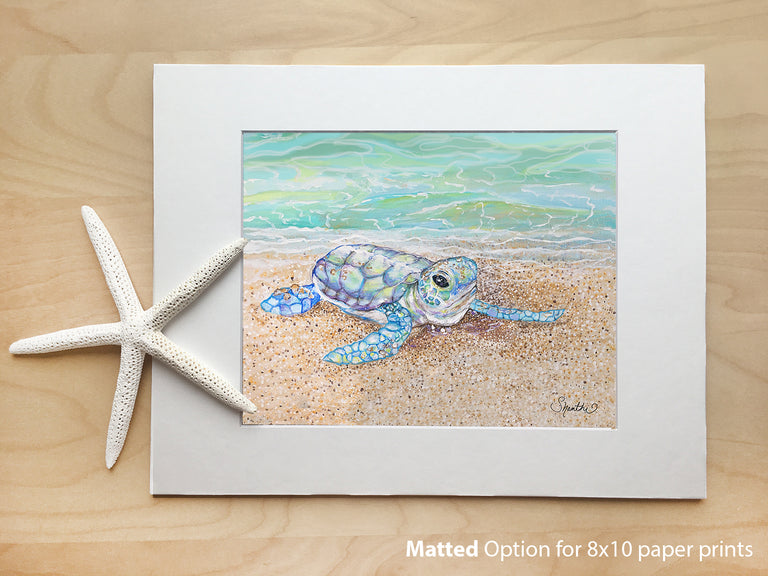 baby sea turtle gifts, 8x10 paper prints, 11x14 matted framed print, sea turtle painting, sea turtle wall decor, sea turtle nursery decor, sea creature nursery, sea turtle art prints, baby sea turtle bathroom decor, sea turtle gifts