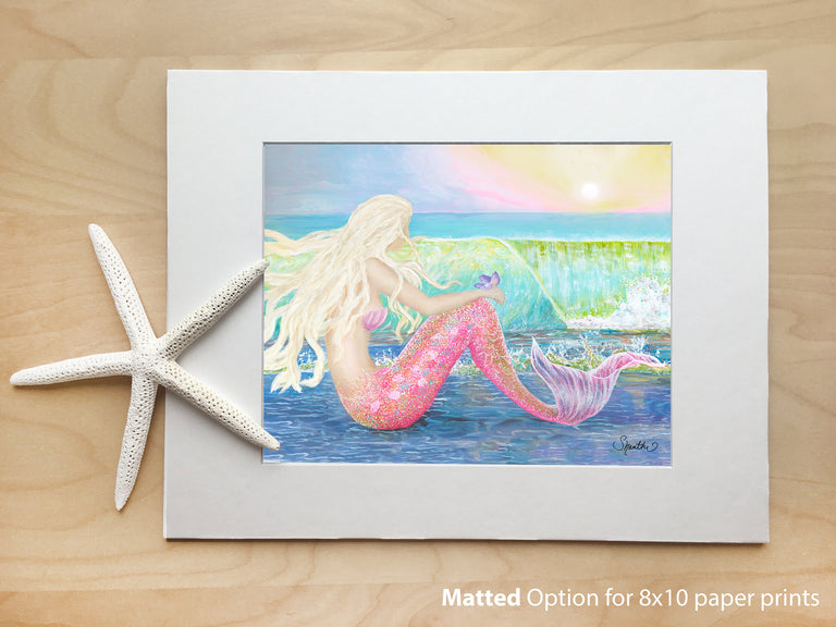 mermaid gifts, mermaid art print, paper prints, 8x10 paper prints matted, mermaid wall art