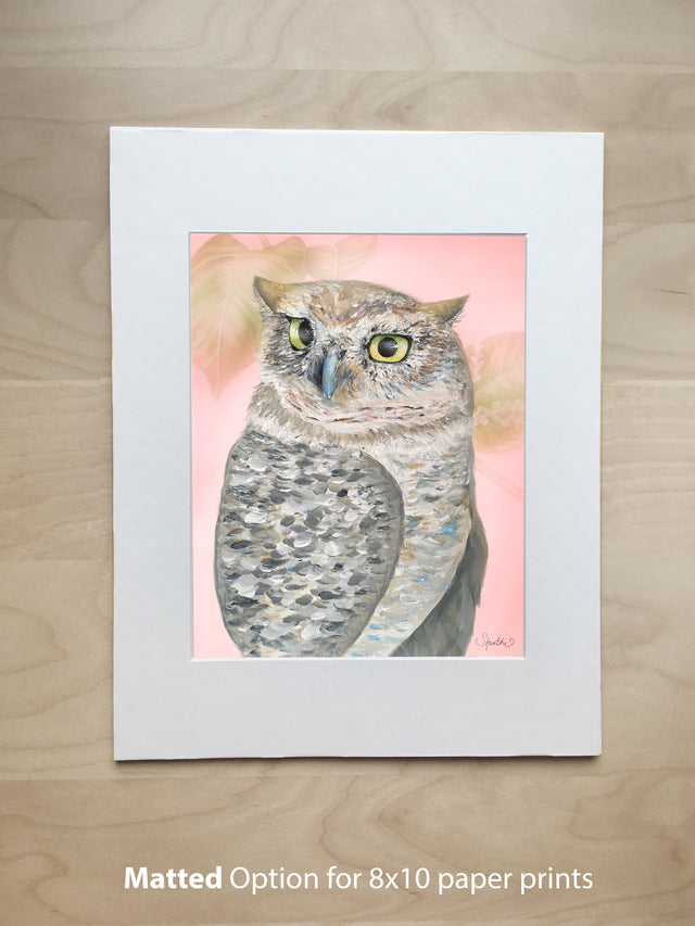 owl gifts, owl art print, 8x10 paper print matted, nursery art, woodland animals, owl wall art
